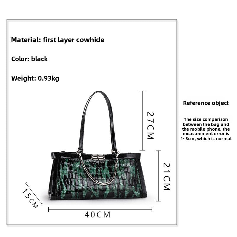 Dark Green Genuine Leather Underarm Mom Bag, Top Layer Cowhide Chain Shoulder Purse, New Premium Handbag for Women