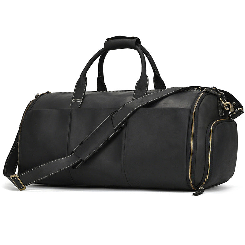 20-Inch Crazy Horse Leather Suit Garment Duffle Bag, Large Capacity Travel Weekender, Shoulder Crossbody Luggage for Men