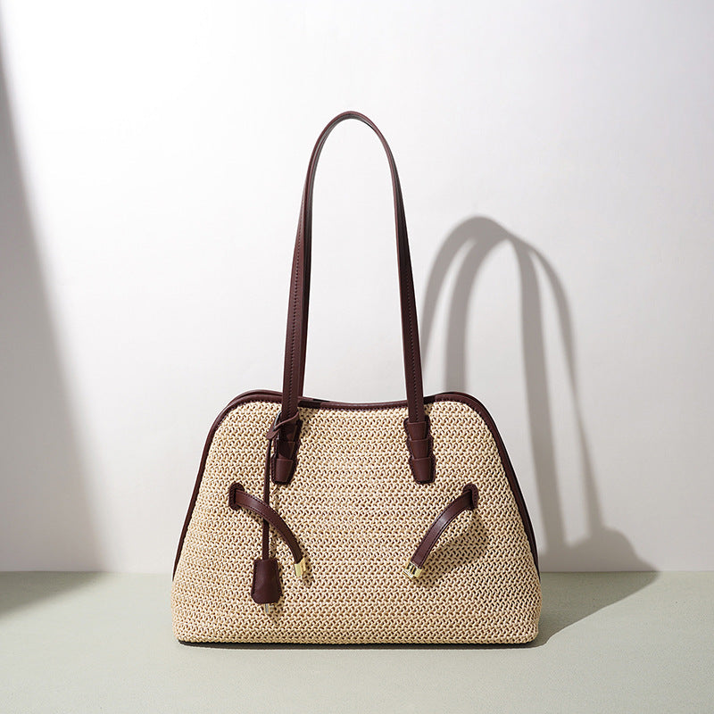 Patchwork Niche Design Cowhide Bag, Large Capacity Spring Summer Resort Style Underarm Shoulder Purse, Premium Straw Woven Handbag for Women