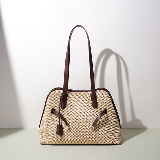 Patchwork Niche Design Cowhide Bag, Large Capacity Spring Summer Resort Style Underarm Shoulder Purse, Premium Straw Woven Handbag for Women
