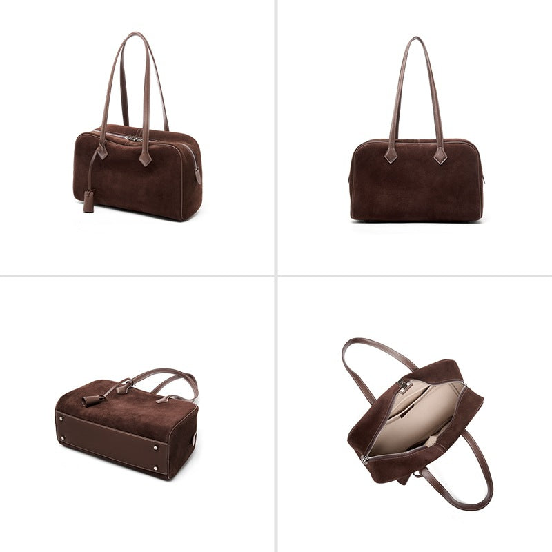 Genuine Suede Leather Boston Bowling Tote Bag for Women, New Large Capacity Shoulder Handbag, Premium Fashionable Everyday Purse for Ladies