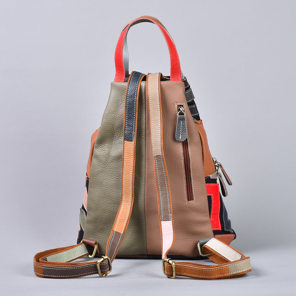 Genuine Top Layer Cowhide Geometric Patchwork Backpack for Women, Vintage Academic Casual Multifunctional Daypack, Versatile Leather Bag for Ladies