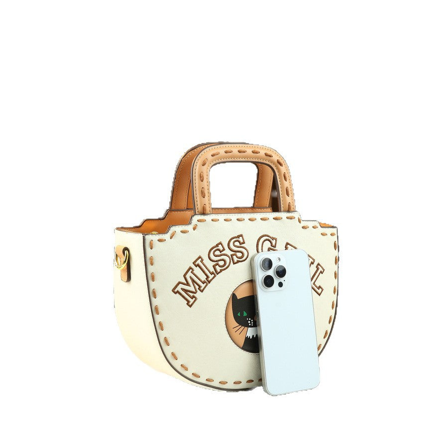 Embroidered Letter Animal Print Bucket Bag for Women Vintage Shoulder Crossbody Handbag, Square Handheld Purse with Playful Wildlife Design