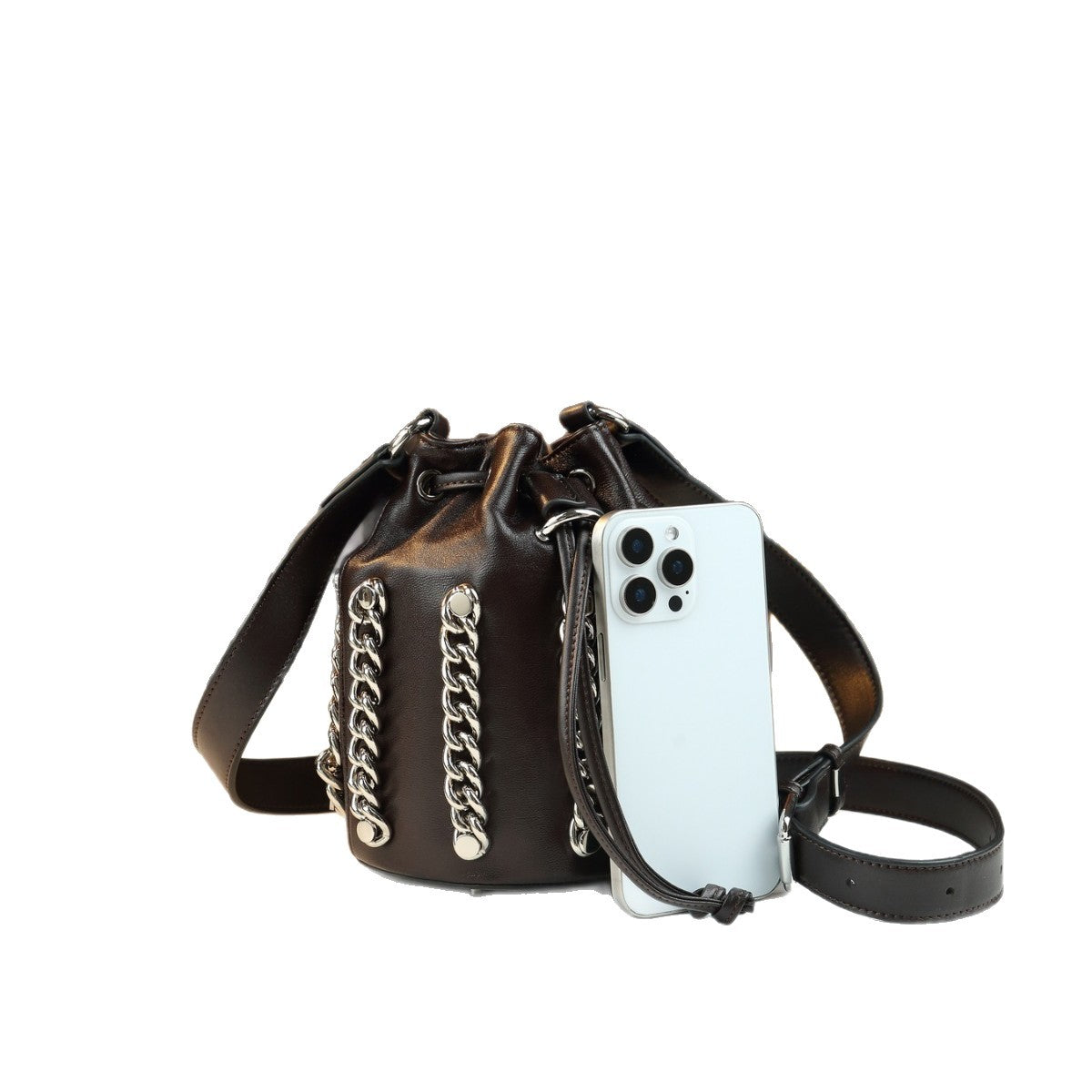 Top Layer Cowhide Drawstring Bucket Bag for Women Chain Shoulder Crossbody Handbag, Trendy Versatile Purse with Small Cylinder Silhouette