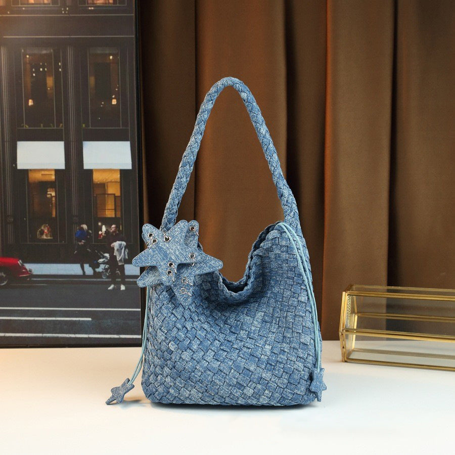Handwoven Denim Bucket Bag for Women Large Capacity Underarm Shoulder Handbag, Casual Versatile Purse with Natural Woven Texture