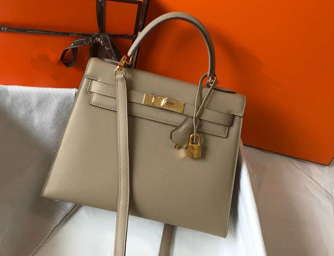 Genuine Epsom Calfskin Leather Kelly-Style 25/28 Top Handle Bag for Women, Premium Commute Handbag with Chic Fashionable Design for Ladies