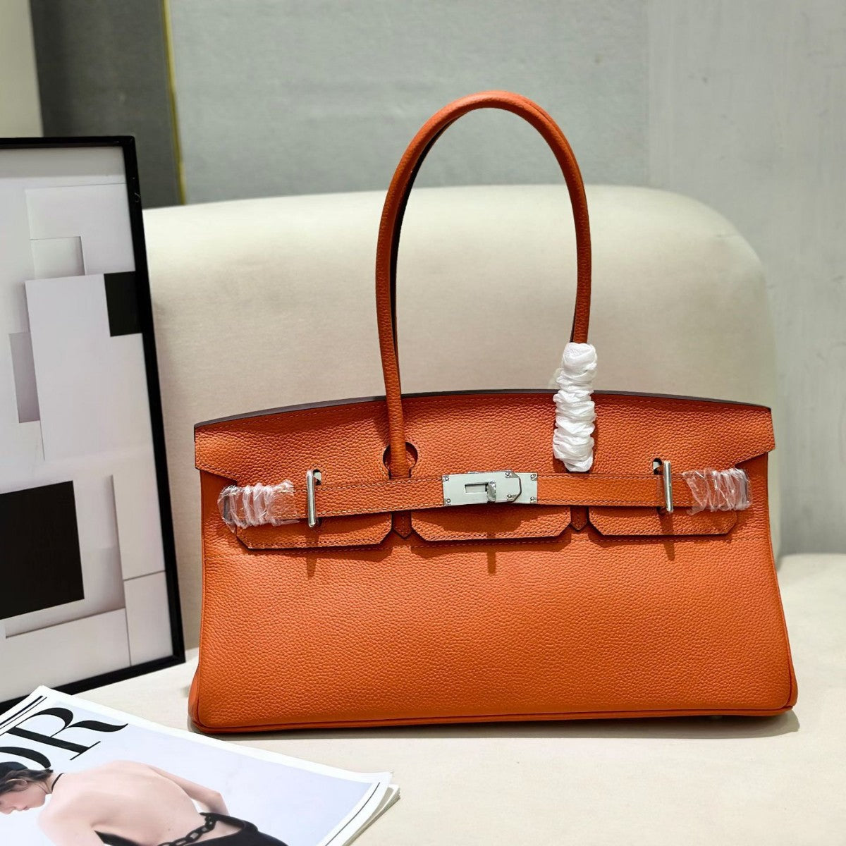 Genuine Togo Leather Birkin-Style Bag for Women, New Classic Vintage Top Handle Handbag, Niche Design Fashionable Versatile Purse for Ladies