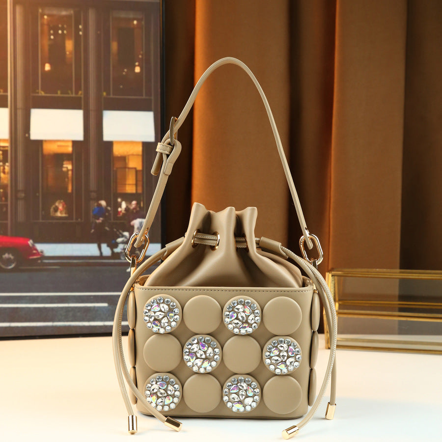 Rhinestone Button Cylinder Bag for Women Handmade Embellished Drawstring Shoulder Crossbody Purse, Unique Sparkling Design with Personality Style