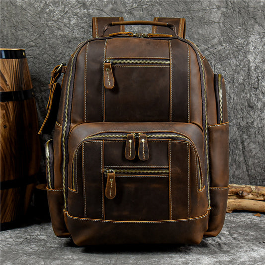 15-Inch Vintage Crazy Horse Leather Backpack, Large Capacity Student Travel Daypack, Durable Genuine Leather School Bag for Men