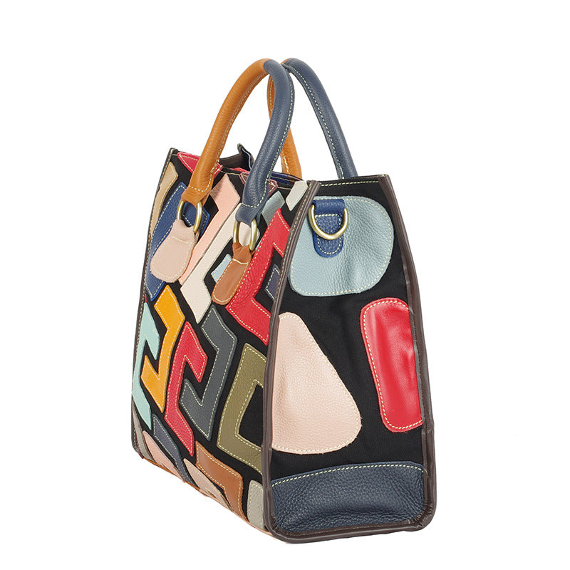 Genuine Leather Women's Tote Bag, Ethnic Style Colorful Contrast Color Design, Large Capacity Top Handle Handbag for Women