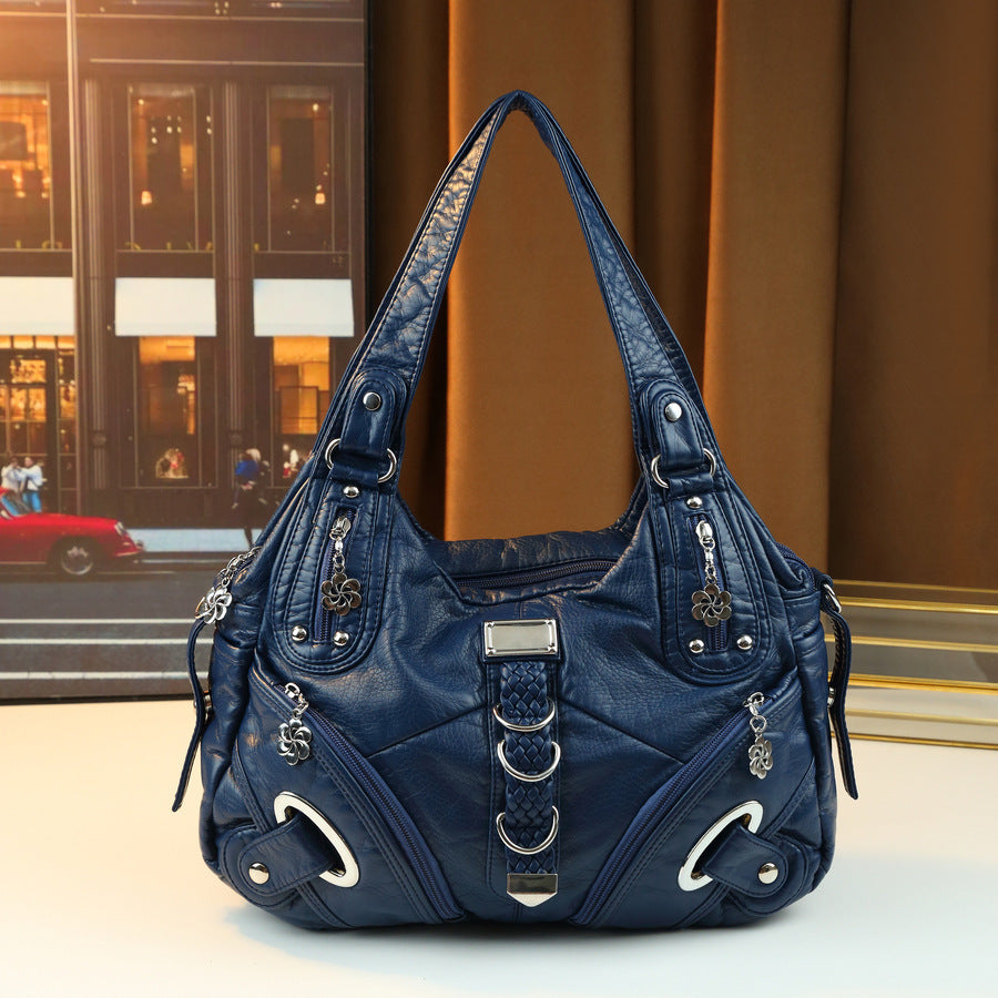 Washed Canvas Tote Bag for Women Large Capacity Shoulder Purse with Woven Ring Buckle Detail, Casual Crossbody Handbag with Trendy Design