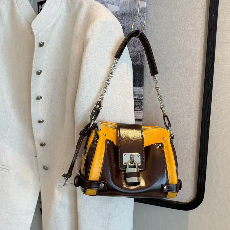 Vintage Biker Lock Stud Tote Bag for Women Large Capacity Shoulder Crossbody Handbag, Edgy Hardware Purse with Versatile Style
