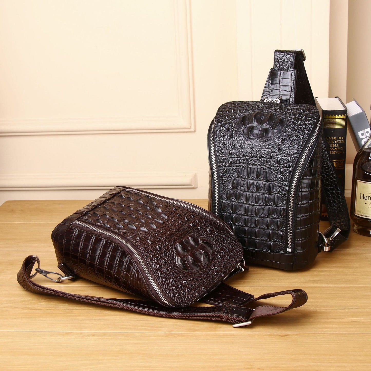 New Arrival Croc-Effect Genuine Leather Chest Bag for Men, A Large Capacity Crossbody Shoulder Small Cowhide Bag with Casual Design