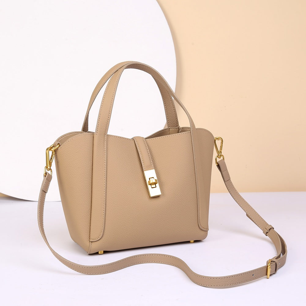Genuine Top Layer Cowhide Basket Bucket Bag for Women, Light Luxury New Crossbody Top Handle Purse, Premium Leather Handbag for Ladies