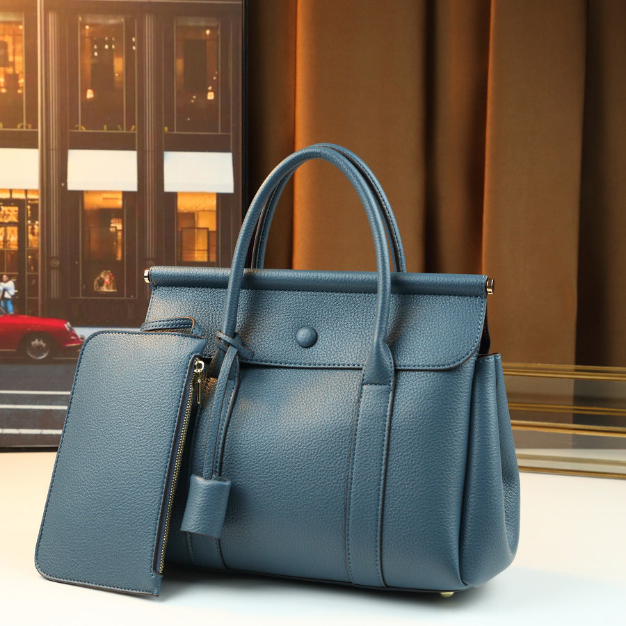 New Summer Haze Blue Pebbled Leather Tote Bag for Women, A Large Capacity 2-in-1 Commuter Shoulder Crossbody Handbag with Matching Pouch