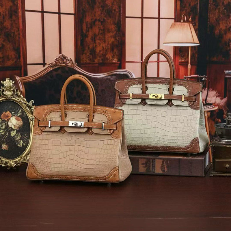 Premium American Croc-Effect & Ostrich-Effect Birkin-Inspired Tote Bag for Women, Genuine Leather Large Capacity Business Handbag with Versatile Shoulder Crossbody Carry