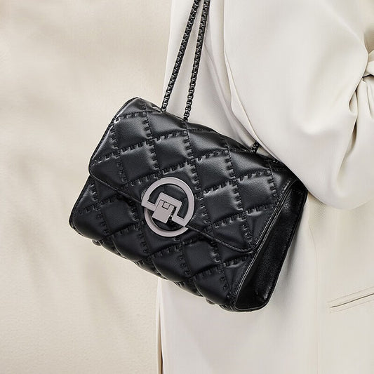 Women's Genuine Leather Quilted Stitch Chain Cross-Body Bag, New Summer Style Shoulder Purse with Underarm Fit, Trendy Lightweight Handbag for Daily Outings & Travel