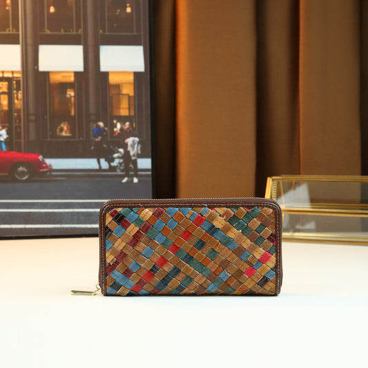 Genuine Leather Colorful Woven Clutch Bag for Women Vintage Long Wallet, Versatile Commuter Purse with Artisan Craftsmanship & Vibrant Design