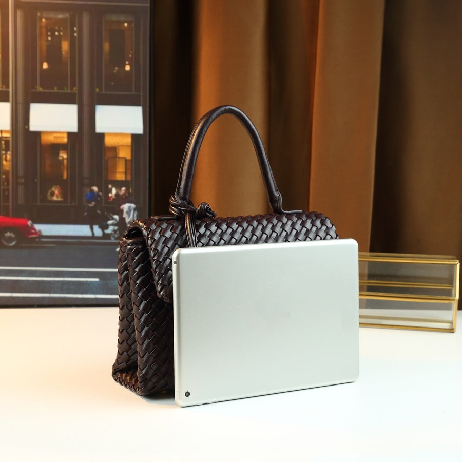 Handwoven Mini Square Bag for Women Niche Designer Briefcase Commuter Tote, Minimalist Versatile Top Handle Handbag with Artisan Weave Craftsmanship