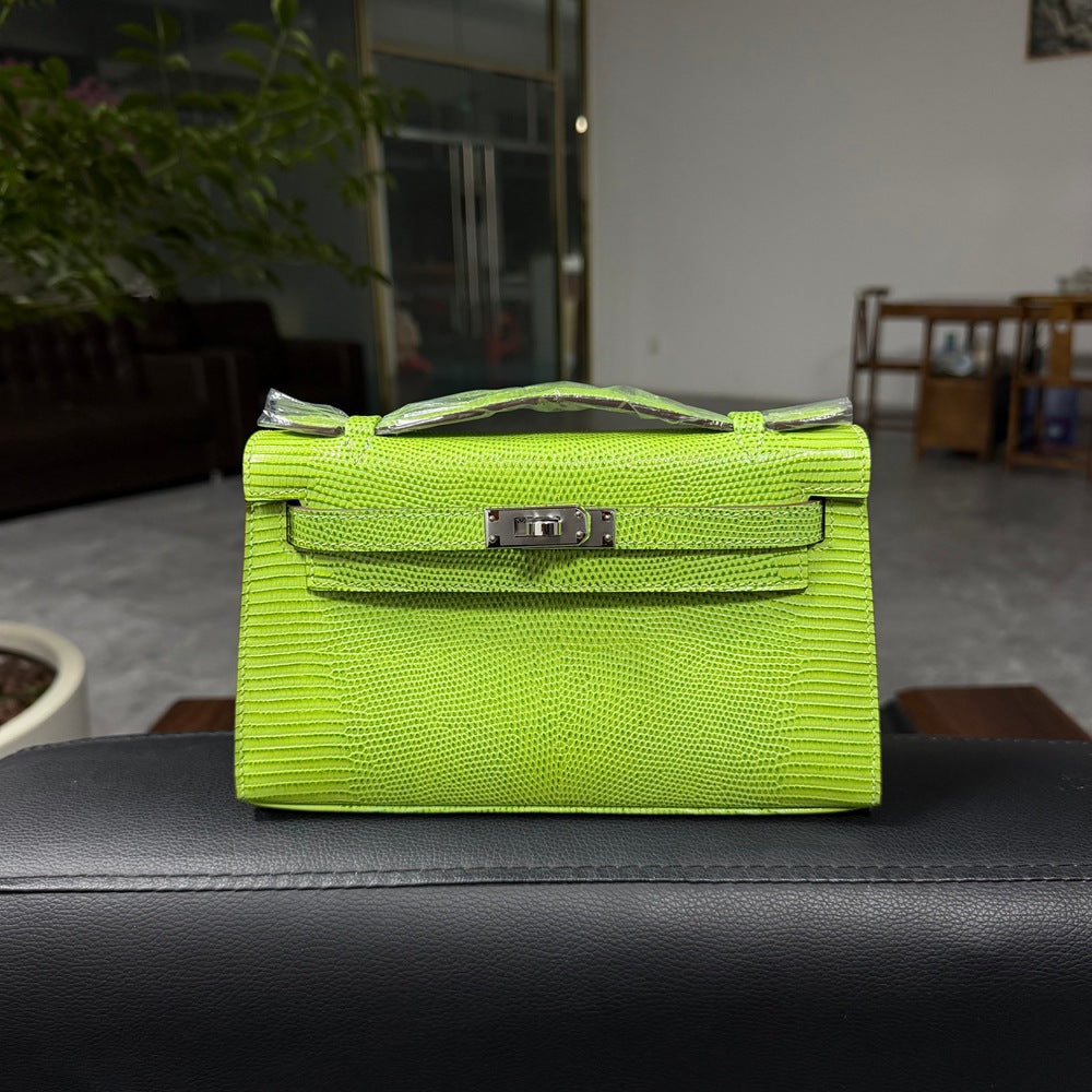 Genuine Top Layer Cowhide Lizard-Embossed Kelly-Style 22cm Bag for Women, Hand-Stitched Waxed Thread with Hand-Hammered Hardware, Lambskin Lining Square Purse with Full Steel Hardware for Ladies