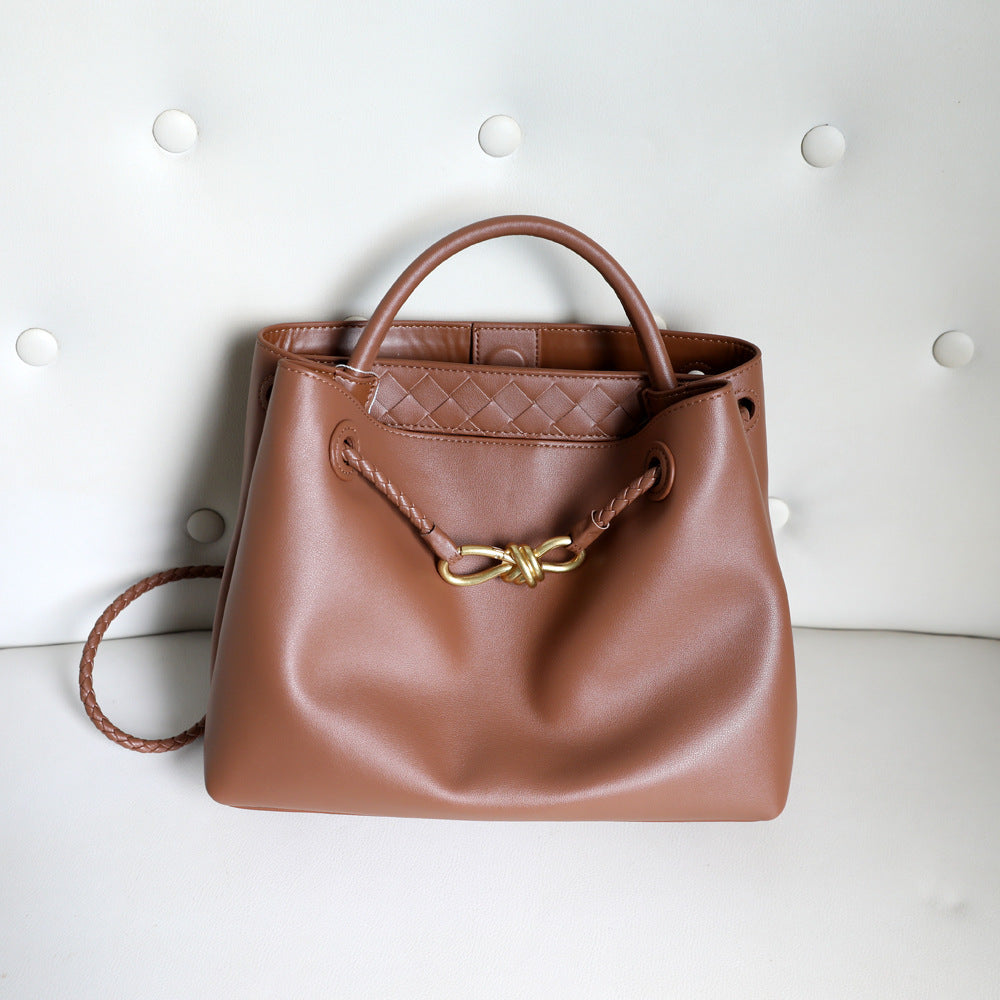 Metal Bow Tote Bag for Women Genuine Cowhide Leather Large Capacity Shoulder Handbag, Elegant Hardware Accent with Versatile Style