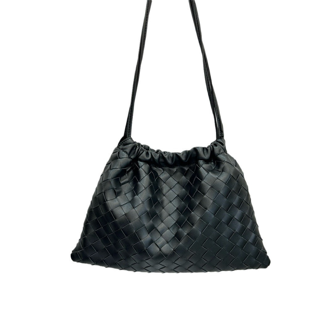 First layer cowhide leather woven bag, clutch bag, drawstring lucky bag, large capacity underarm shoulder bag, bag for women