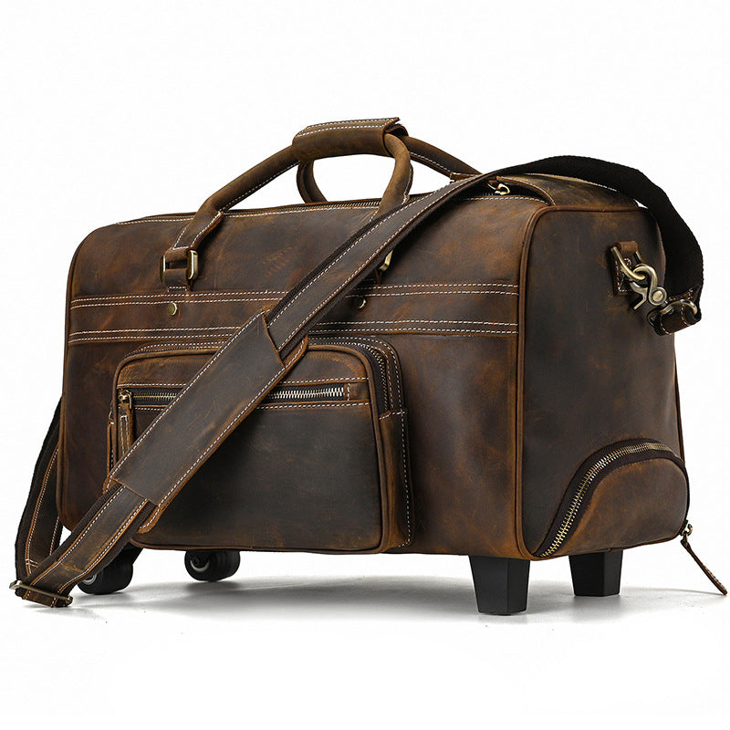 Black Genuine Leather Rolling Business Travel Duffle, Large Capacity Suitcase Luggage with Top Handle, Perfect Weekender for Men and Women