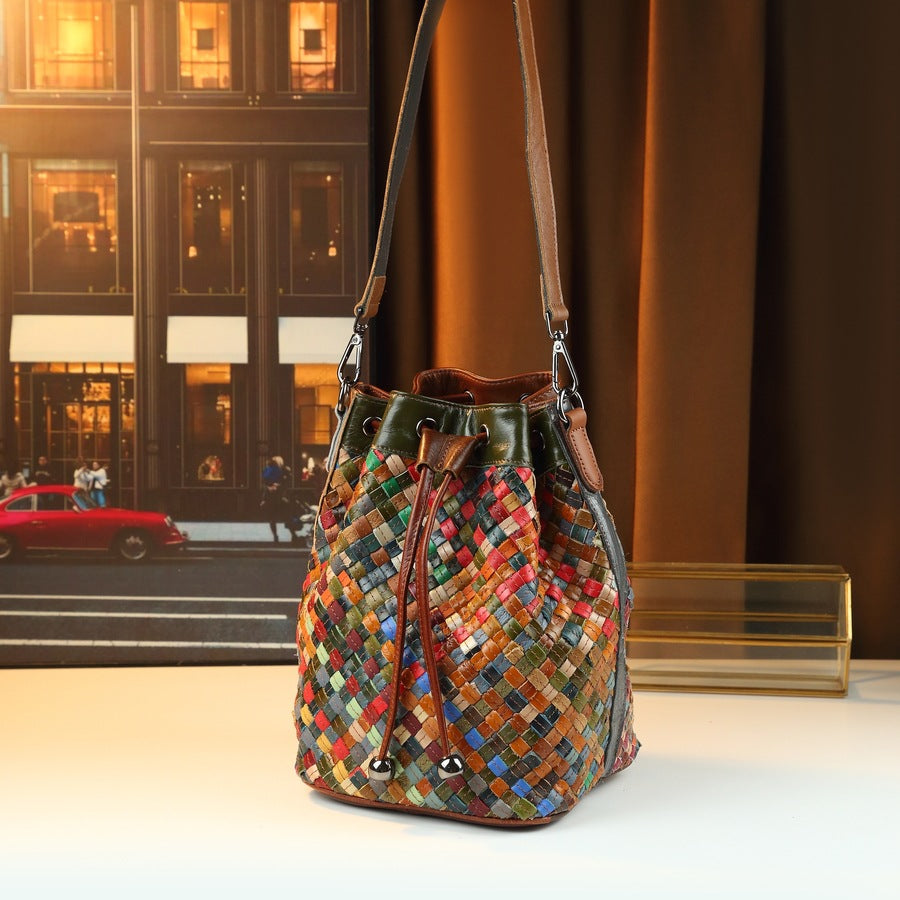 Woven Patchwork Leather Tote Bag for Women Large Capacity Cowhide Shoulder Purse with Drawstring Closure and Handmade Craftsmanship