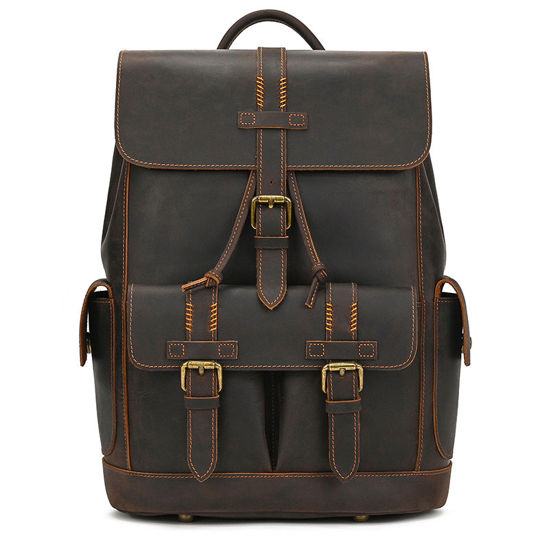 Men's Crazy Horse Leather Backpack Vintage Travel Daypack for Women Students, Genuine Leather Casual Rucksack Large Capacity