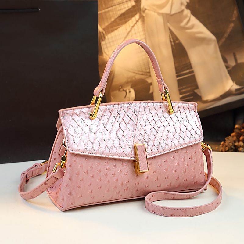 Genuine Fish Skin Kelly-Style Bag for Women, New Premium Textured Top Handle Shoulder Crossbody Purse, Trendy Ostrich-Embossed Small Handbag for Ladies