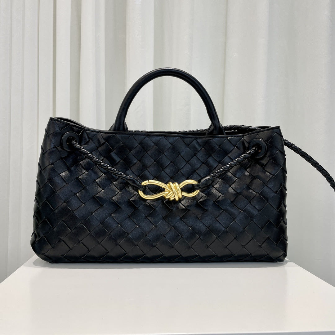 Genuine Leather Horizontal Woven Bag for Women, New Spring Summer Commute Shoulder Crossbody Top Handle Purse with Metal Rope Buckle, Trendy Handbag for Ladies