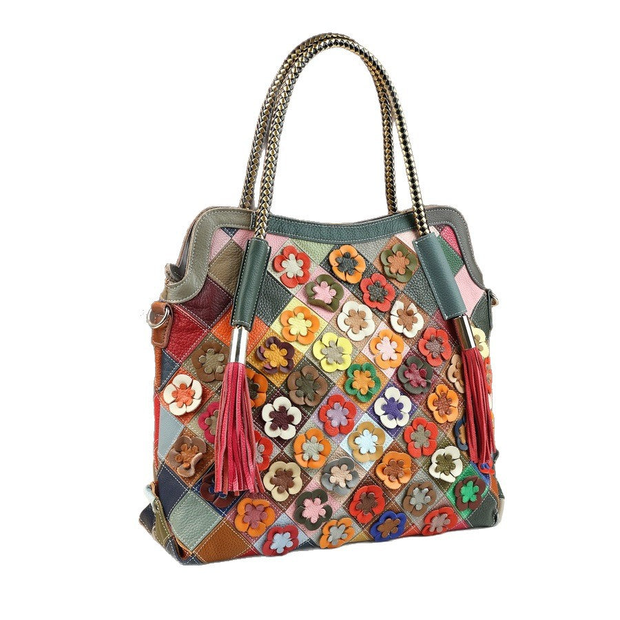 Woven Patchwork Flower Tote Bag for Women Multi-Color Handmade Shoulder Crossbody Handbag, Large Capacity Bohemian Purse with Vibrant Design
