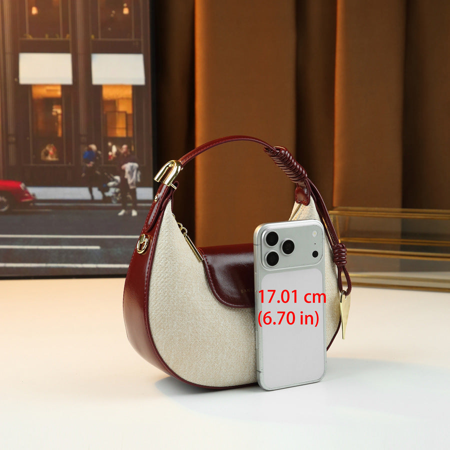 Color-Block Crescent Bag for Women Fall Winter Light Luxury Top Handle Shoulder Crossbody Purse, High-Quality Versatile Going-Out Handbag with Chic Contrast Design