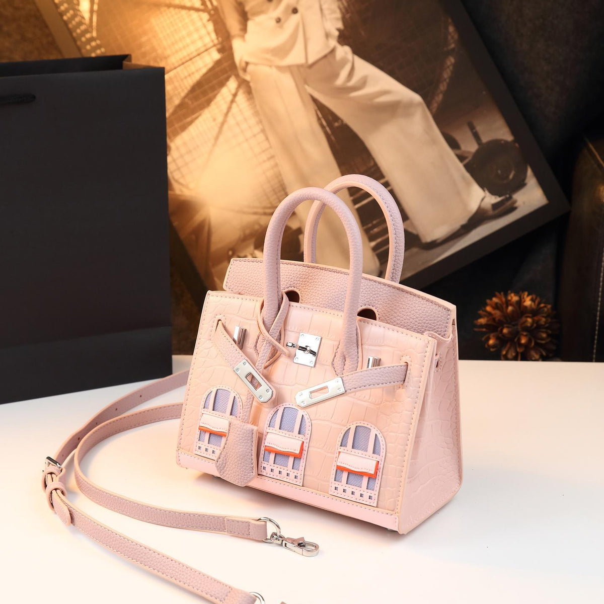 Chic Croc-Embossed Birkin-Inspired Tote Bag for Women, Premium Genuine Leather Top-Handle Shoulder Crossbody Handbag with Sophisticated Elegant Design, Trendy Everyday Purse