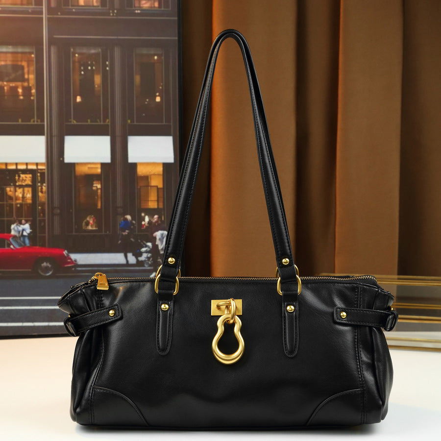 Vintage Metal Gourd Charm Baguette Bag for Women Large Capacity Top Handle Shoulder Pillow Purse with Unique Hardware Accent