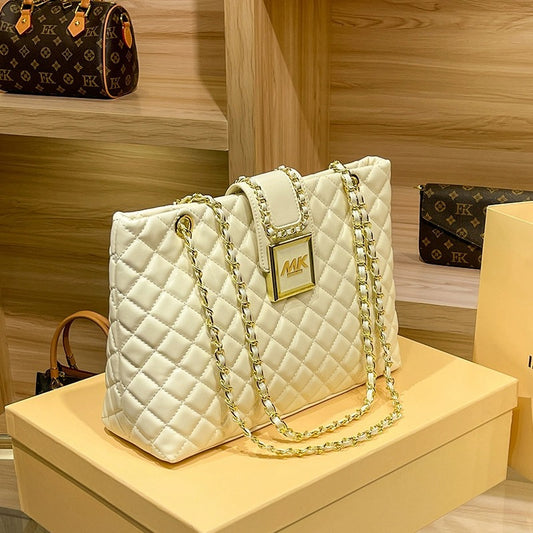 Genuine Leather Diamond Quilted Chain Tote Bag for Women, New Large Capacity Shoulder Handbag, Versatile Everyday Purse for Ladies