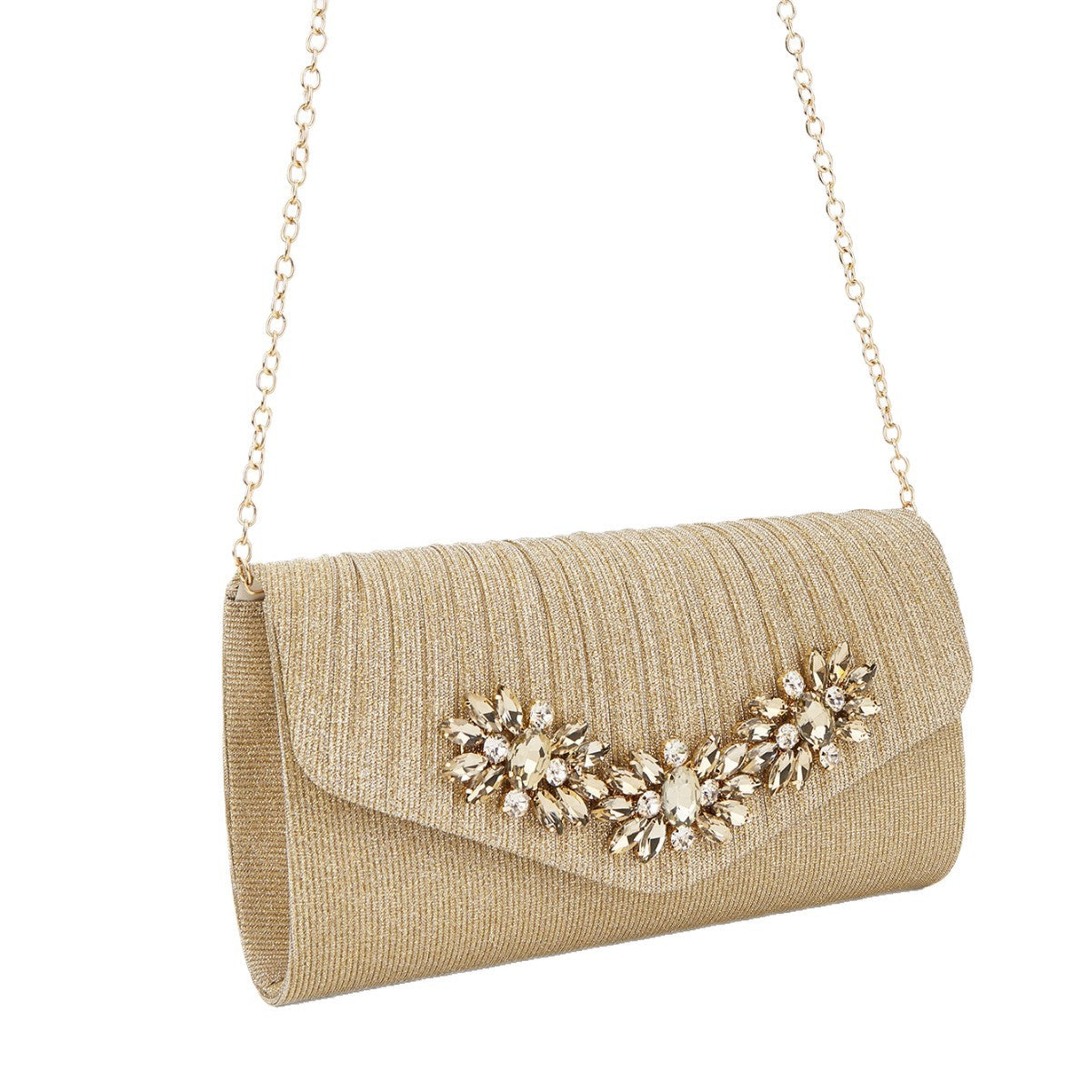 Rhinestone Embellished Chain Evening Clutch for Women, Champagne Versatile Shoulder Crossbody Purse, Chic Formal Party Handbag for Ladies