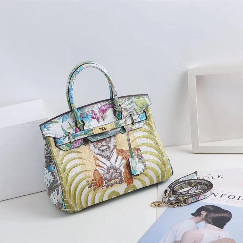 Genuine Leather Graffiti Print Birkin-Style Handbag for Women, New Casual Top Handle Shoulder Crossbody Purse, European Classic Trendy Tote Bag for Ladies