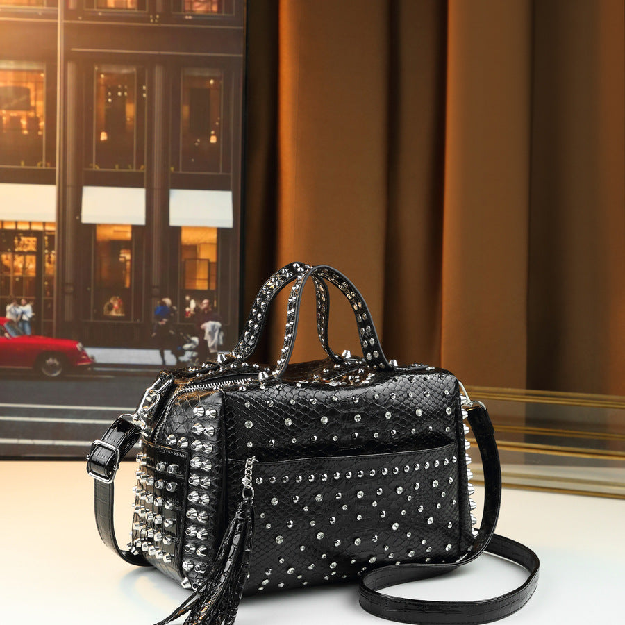 Leopard Print Studded Pillow Bag for Women Large Capacity Shoulder Crossbody Handbag, Wild Style Purse with Edgy Hardware Accents