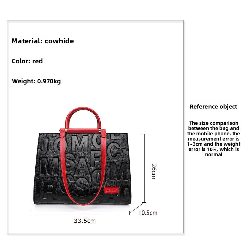 New Letter Tote Bag in Top Layer Cowhide, Large Capacity Commute Shoulder Crossbody Top Handle Purse, Stylish Handbag for Women