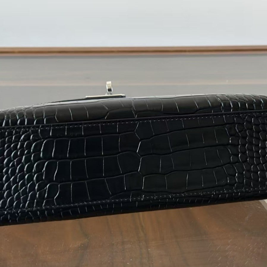 Genuine Leather Crocodile-Embossed Kelly-Style 22cm Bag for Women, 2025 New Small Square Shoulder Crossbody Top Handle Purse, Light Luxury Everyday Handbag for Ladies