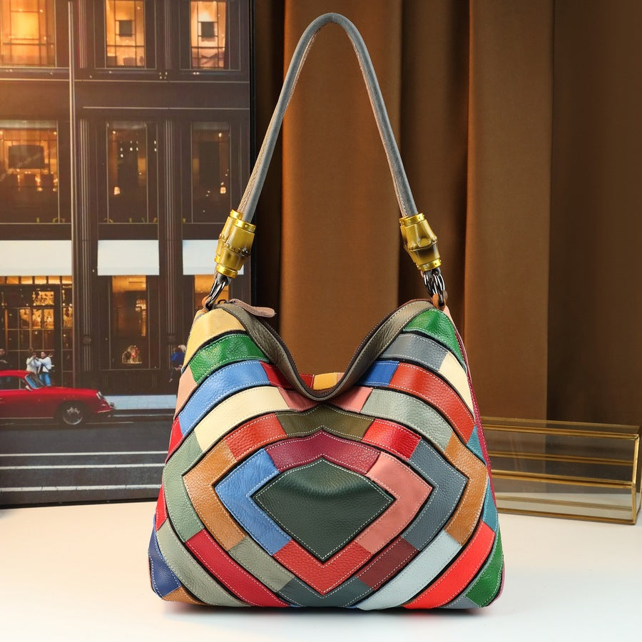 Genuine Leather Rainbow Geometric Print Tote Bag for Women Casual Patchwork Shoulder Handbag, Trendy Colorful Design with Versatile Style