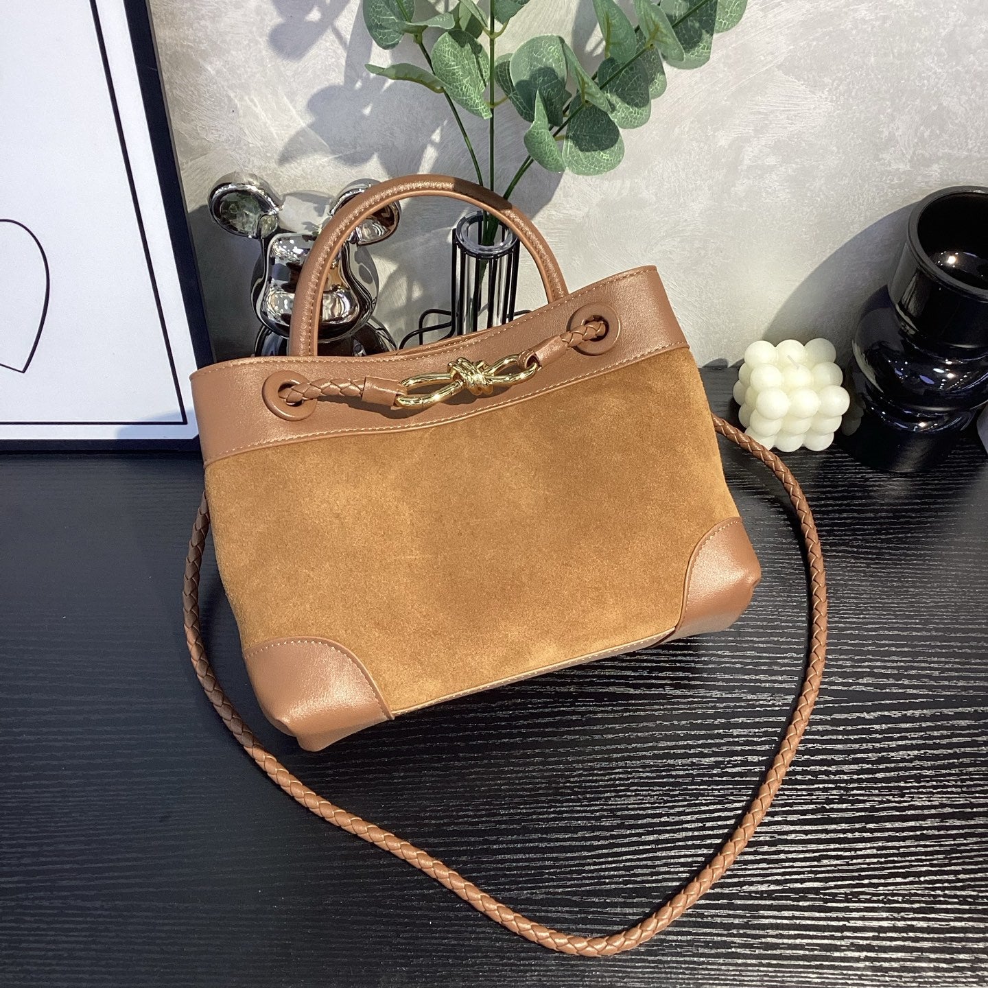Suede Leather Woven Rope-Knot Handbag, Simple Elegant Shoulder & Crossbody Commuter Bag for Women