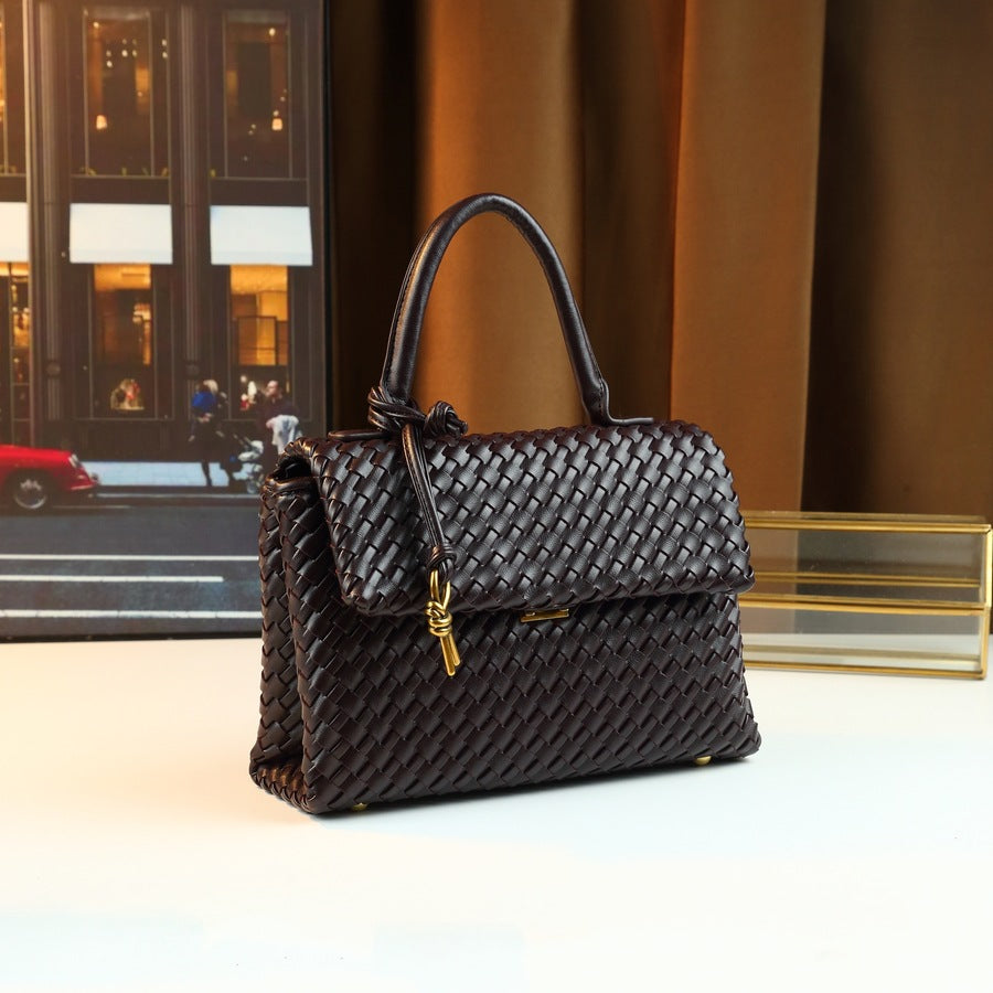 Handwoven Commuter Briefcase Bag for Women Minimalist Large Capacity Shoulder Handbag, Niche Versatile Purse with Artisan Woven Texture