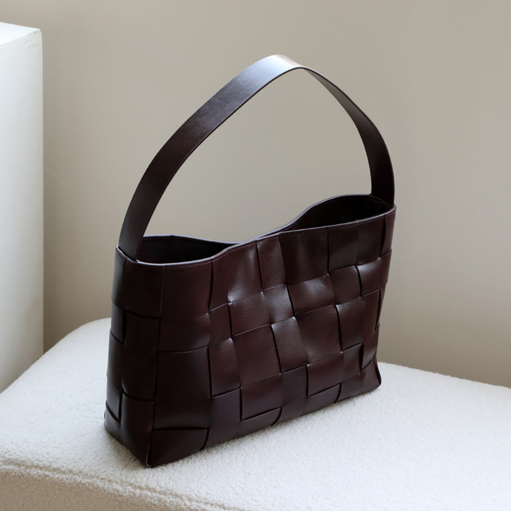 Top Layer Cowhide Woven Tote Bag for Women Large Capacity Laptop Commuter Shoulder Handbag, Niche Designer Purse with Artisan Craftsmanship
