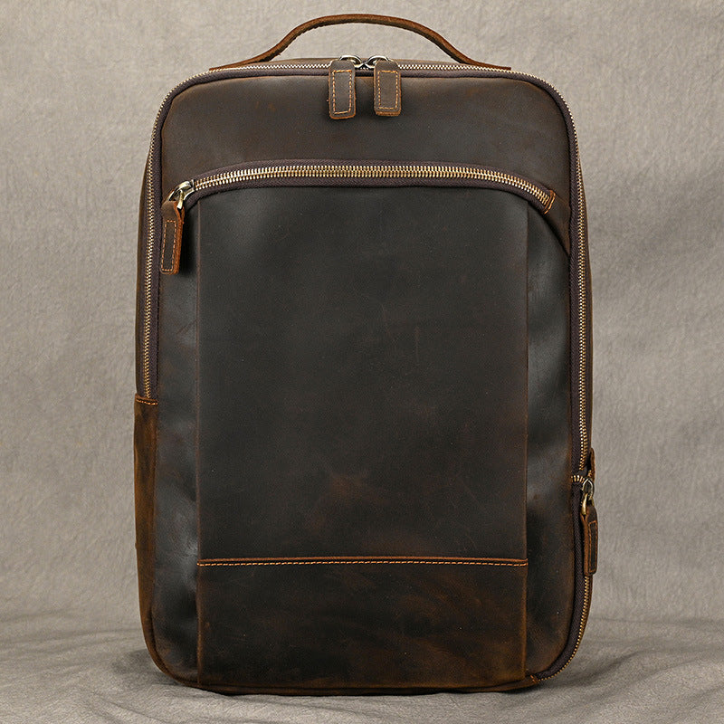 Double Zipper Main Pocket Crazy Horse Leather Backpack, Large Capacity Casual Travel Daypack, Genuine Cowhide Bag for Men