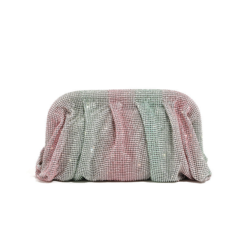Light Luxury Handmade Rhinestone Evening Clutch for Women, Sparkly Pleated Party Bag, Crystal-Studded Shoulder Crossbody Purse for Formal Events