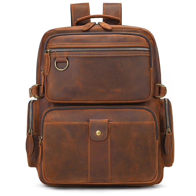 Men's Crazy Horse Leather Backpack Vintage Travel Daypack for Women Students, Genuine Leather Casual Rucksack Large Capacity