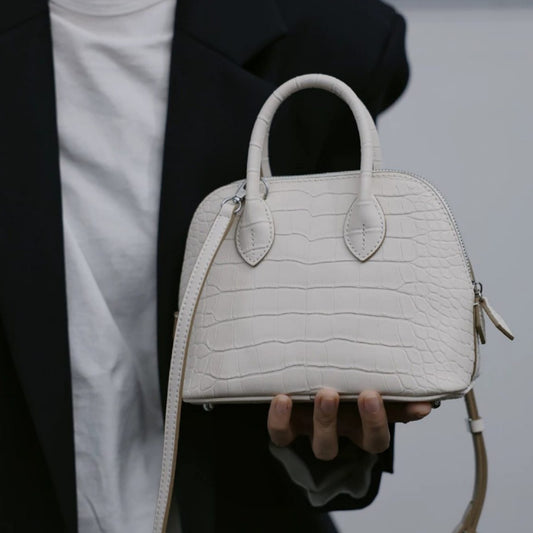 New Arrival Croc-Effect Genuine Leather Bowling Shell Bag for Women, A Mini Top-Handle Crossbody Commuter Handbag with Trendy Versatile Design