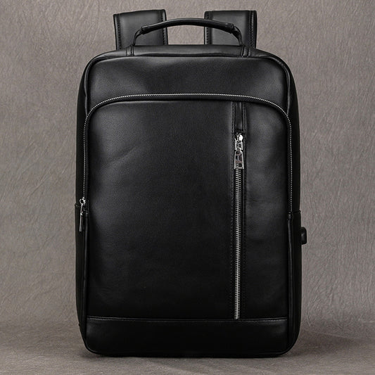 Black Genuine Leather 15-Inch Laptop Backpack with USB Port, Business Commute Daypack, Premium Cowhide School Travel Bag for Men